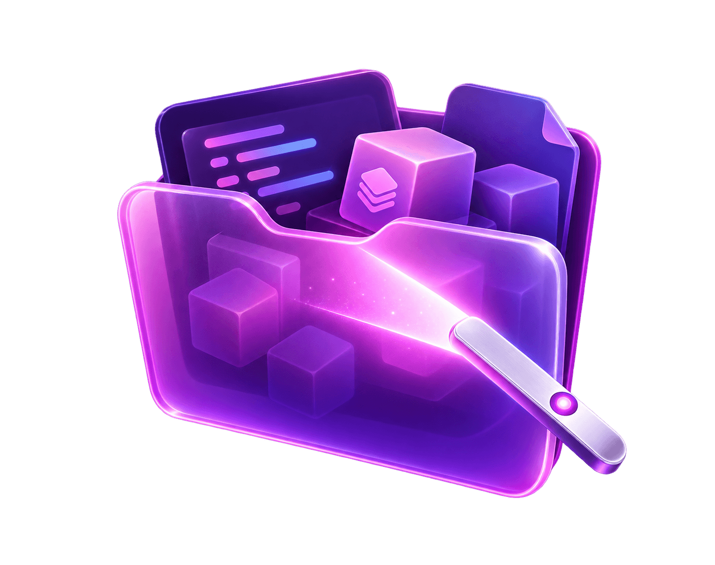 Purple folder with a cleaning brush representing AI cache cleanup